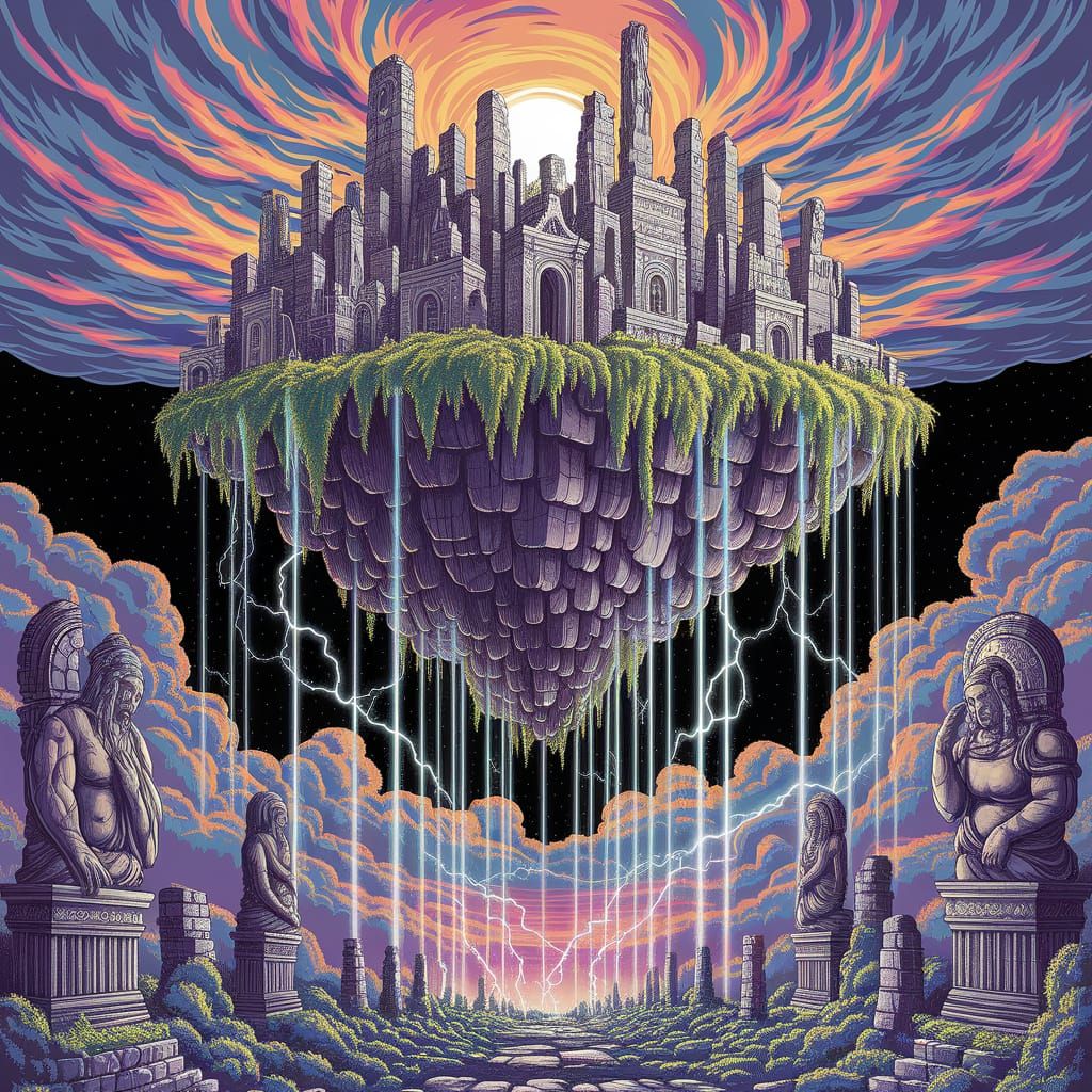 Shattered Floating City in Stormy Skies