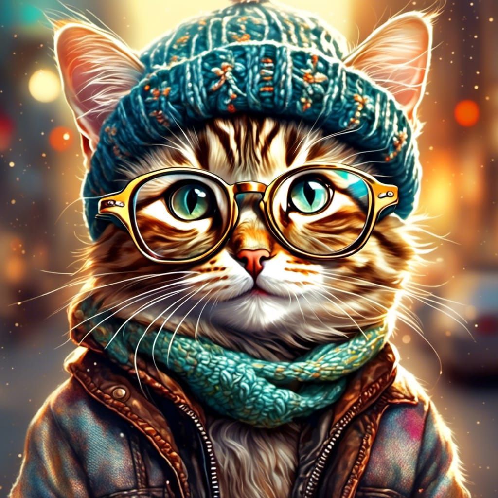 Hipster Cat With Beanie in Colourful Animals Style