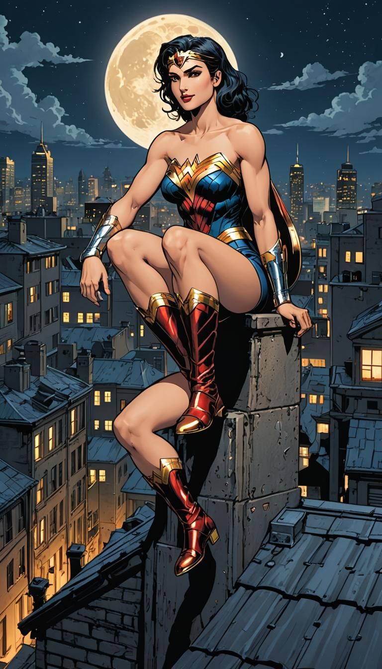 Wonder Woman on Gotham Roof, Anime Style