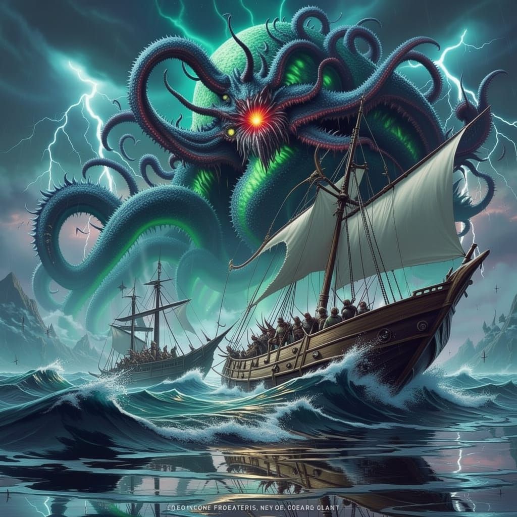 Iridescent Sea Monster Attacks Medieval Ship