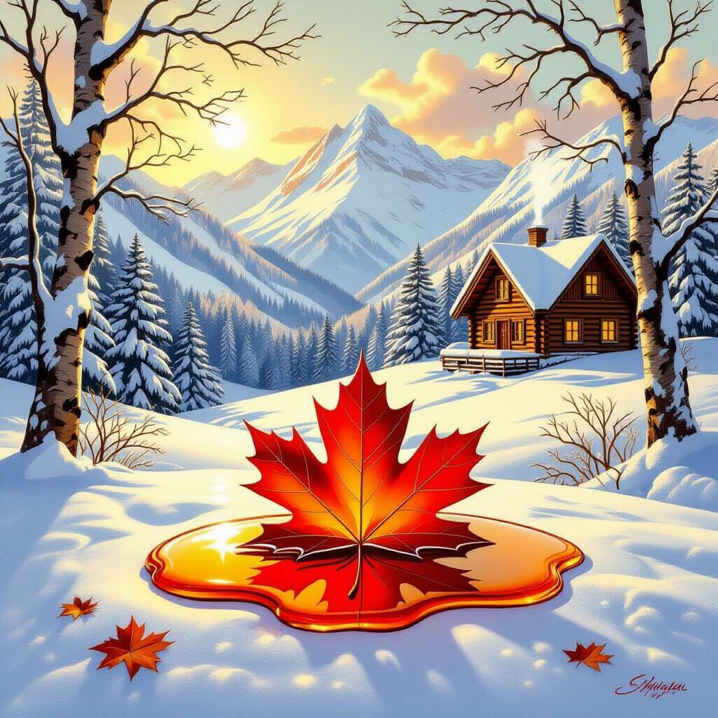 Maple Leaf Melts Into Syrup in Winter Mountain Cabin Scene