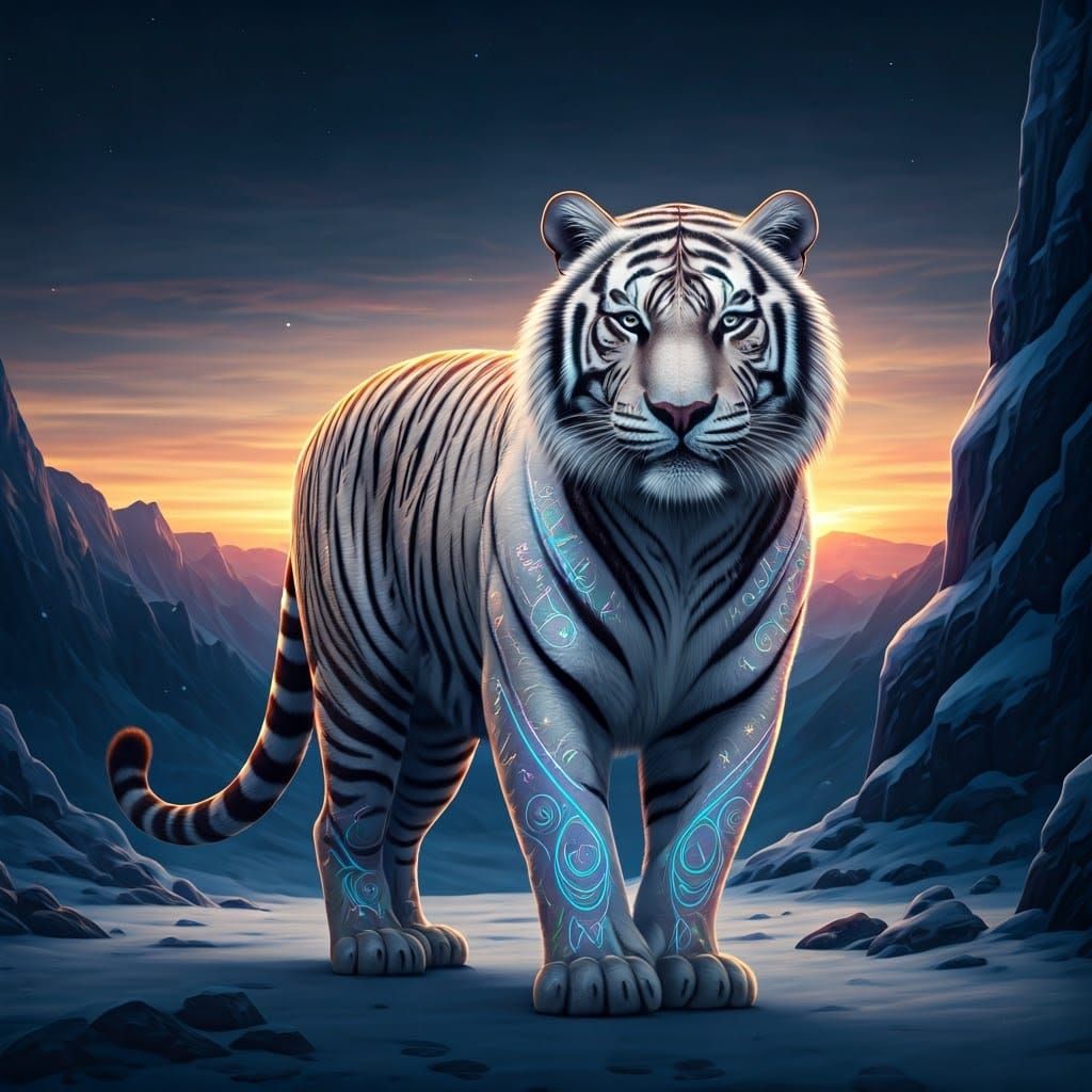 Neon Tattooed Tiger in Snowy Twilight