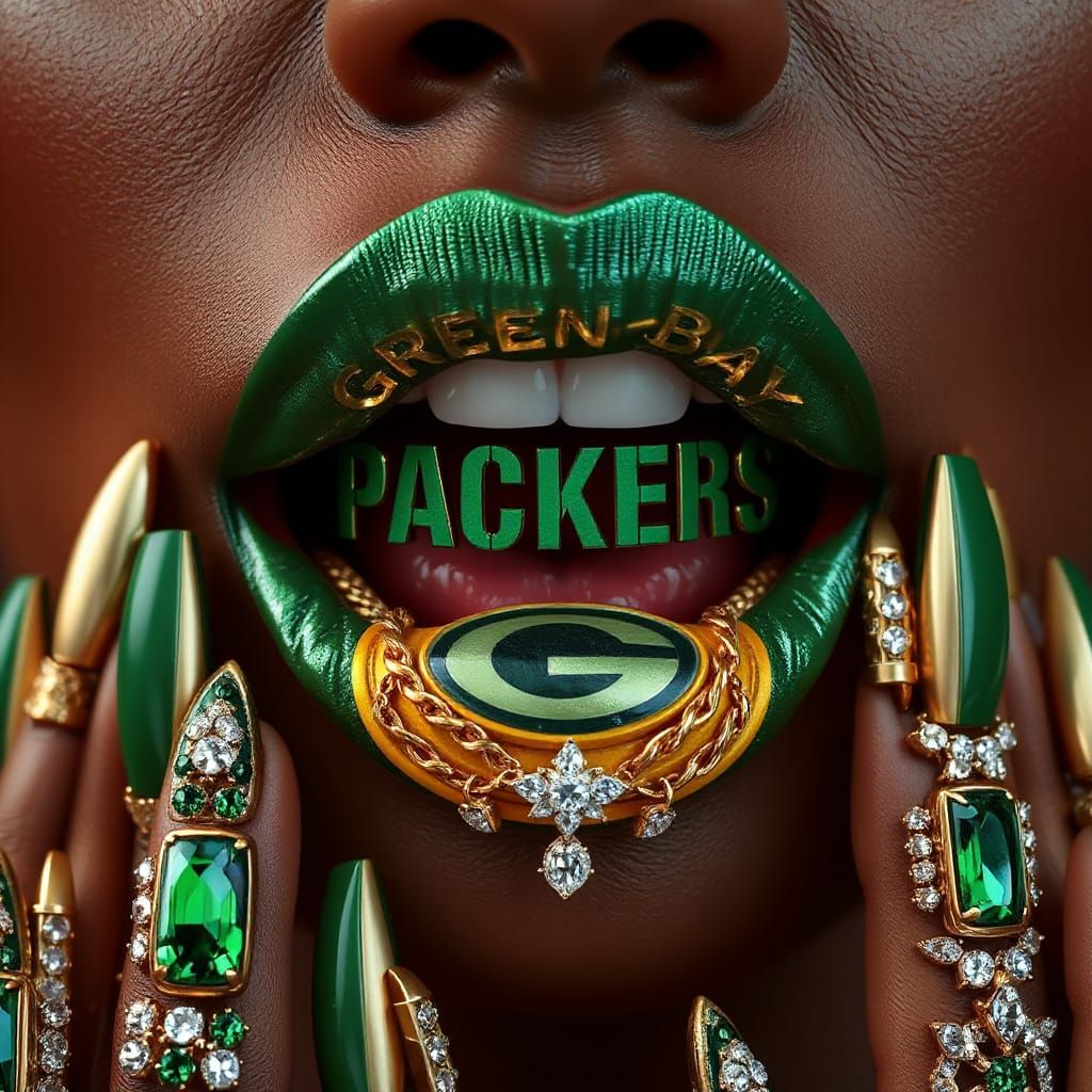 Glamorous Lips With Metallic Green Lipstick and Green Bay Pa...