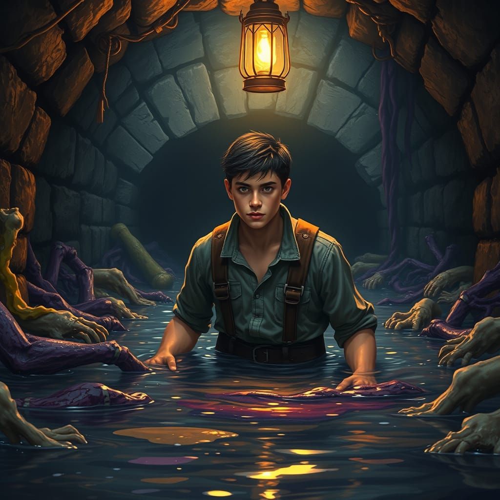 Young Man Inspects Flooded Culvert in Dark Fantasy Stone Tun...