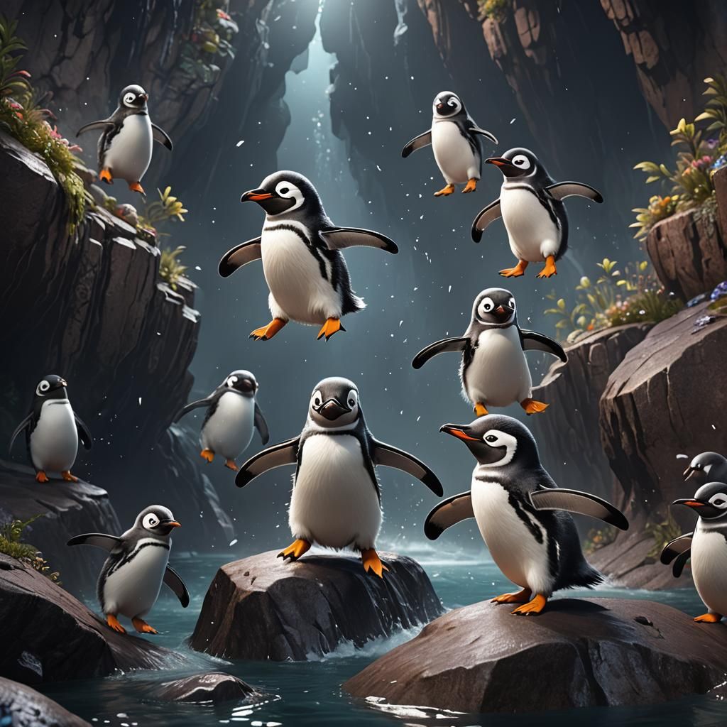 Cute Penguins Jumping into Dark Abyss