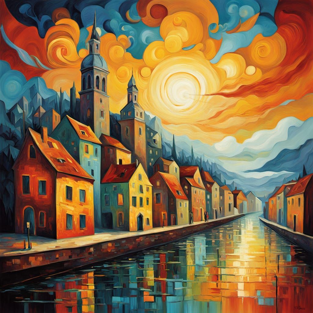 Surreal Cityscape in Vibrant Impasto Style