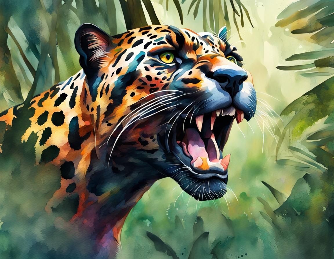Detailed Watercolor Panther in Jungle Scene
