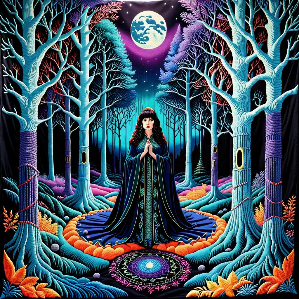 Neon Tapestry of Woman in Moonlit Grove