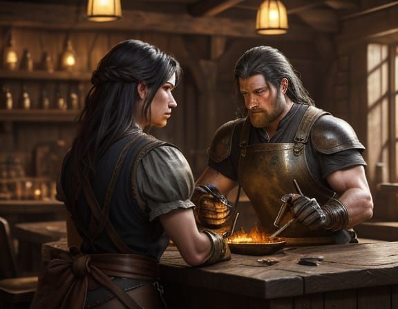 Female Blacksmiths in a Smoky Tavern Oil Painting