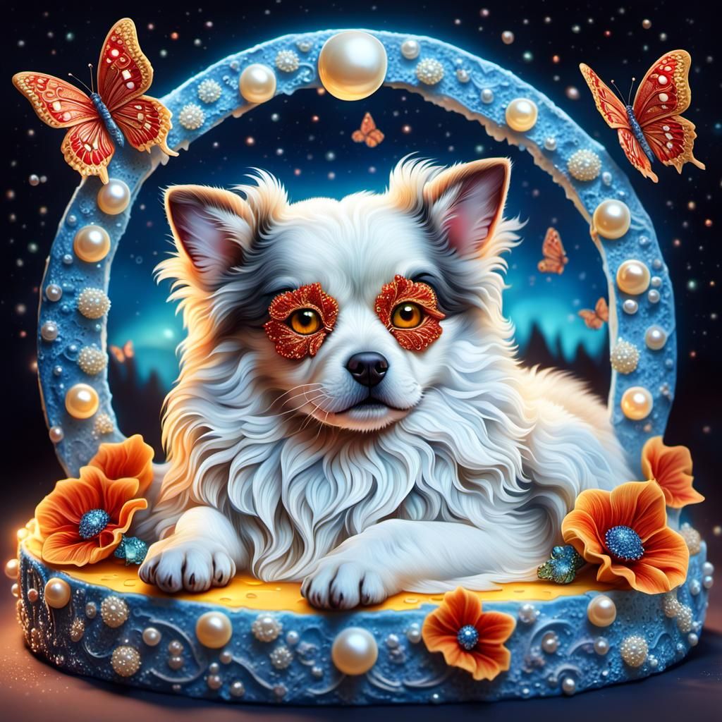 Fluffy Dog Asleep on Cheese Moon with Bioluminescence