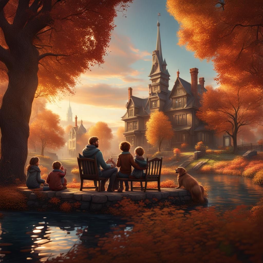 Family Enjoying Autumn Afternoon: Detailed Matte Painting