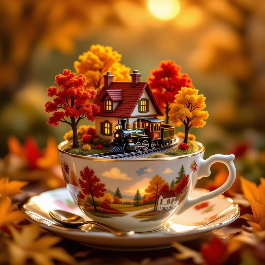 Cozy Autumn Village in Teacup, Golden Hour Light