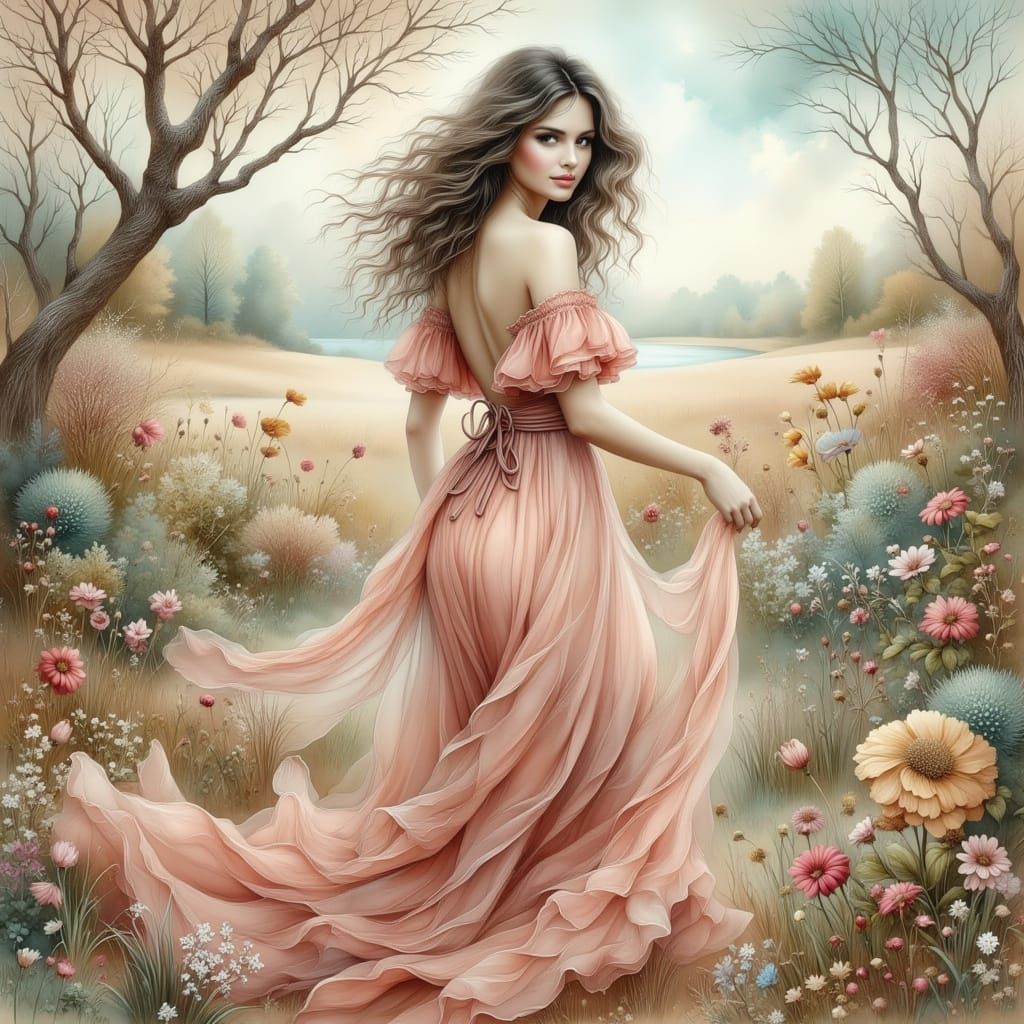 Elegant Woman in Serene Landscape, Watercolor Style