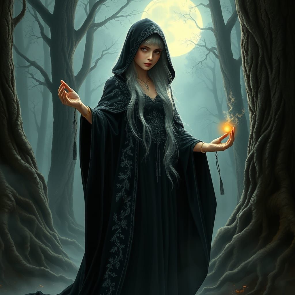 Mysterious Elf Witch in Moonlit Forest