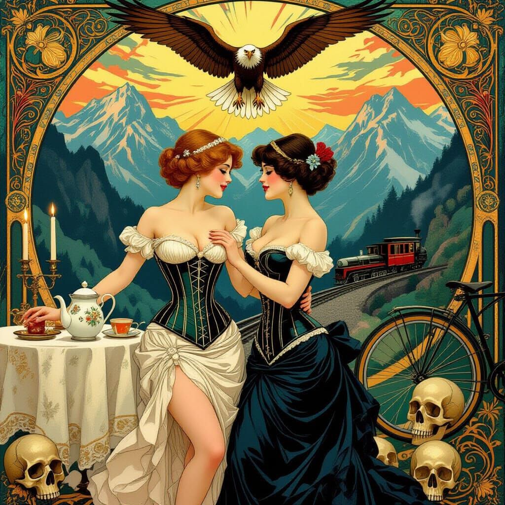 Art Nouveau Dancers with Skulls and Train