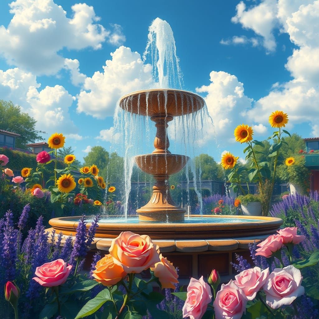 Magnificent Fountain in Lush Garden, Impressionistic Style