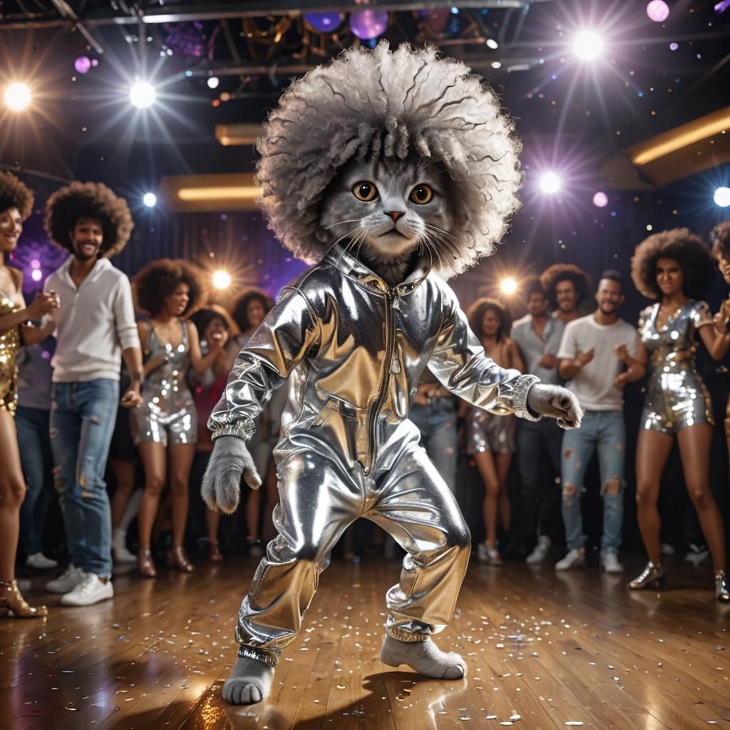 Cat Disco Dancer in Silver Onesie: 3D CGI Image