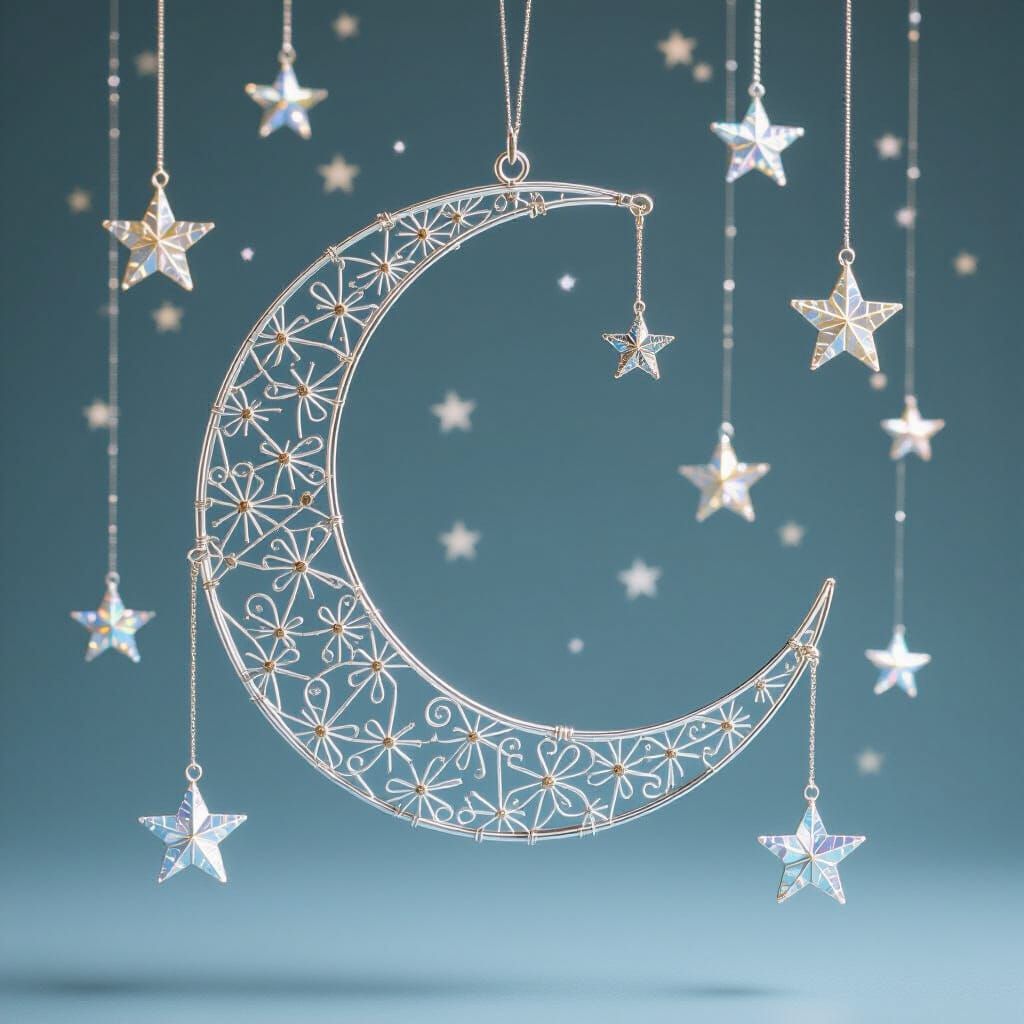 Intricate Wire Crescent Moon with Stars
