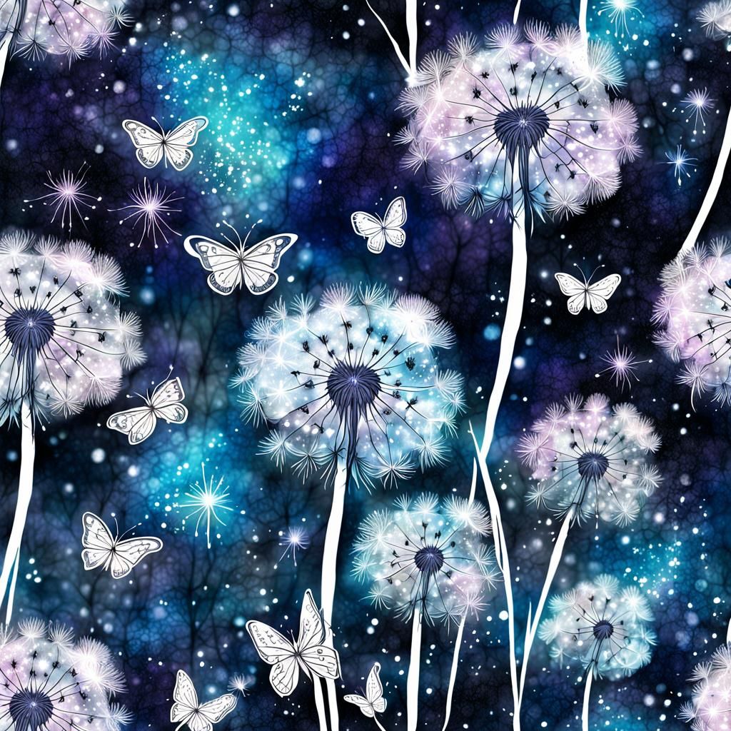 Glowing Dandelion Botanical Ink Drawing with Diamond Sparkle...