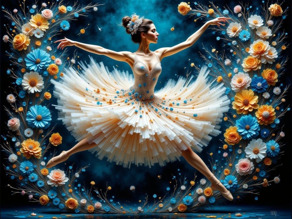 Elegant Ballerina Leaping with Floral Dress in Impasto