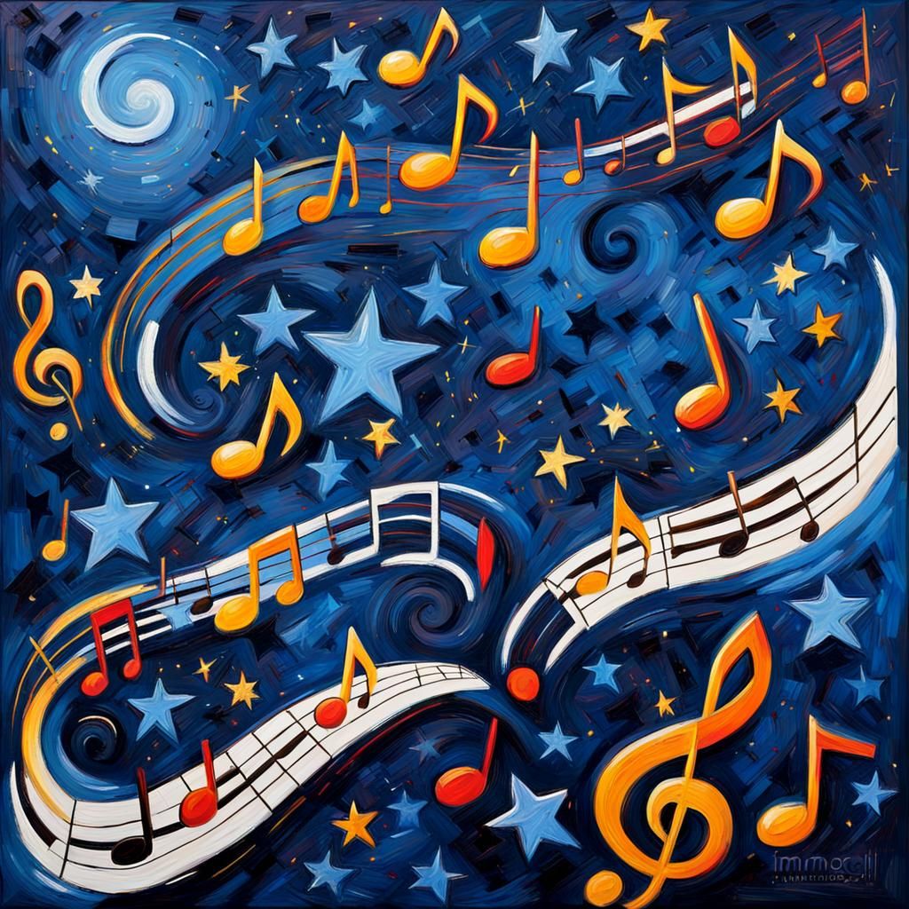 Music Notes in Starry Sky: Neo-Impressionist Oil Painting