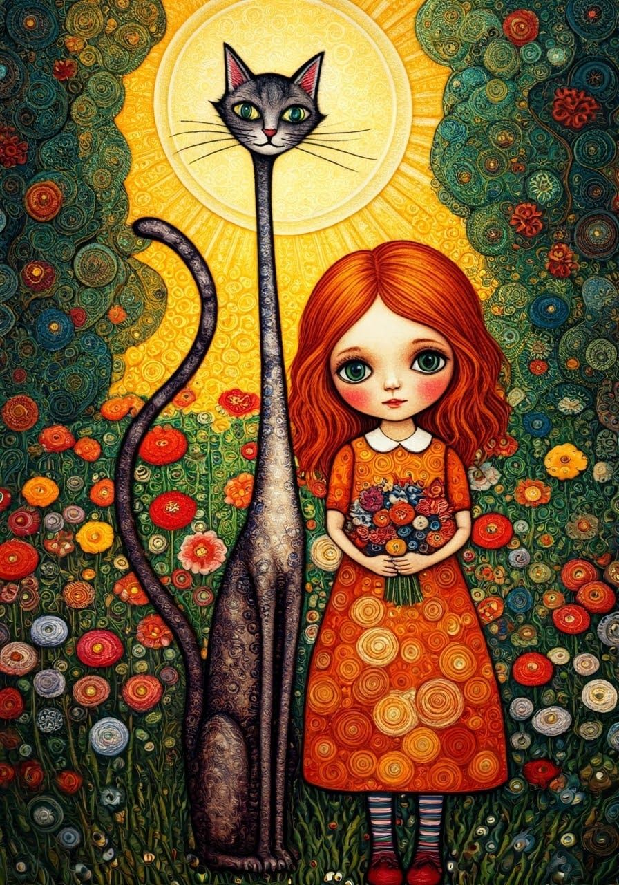 Whimsical Cat and Girl Garden Scene in Mixed Media