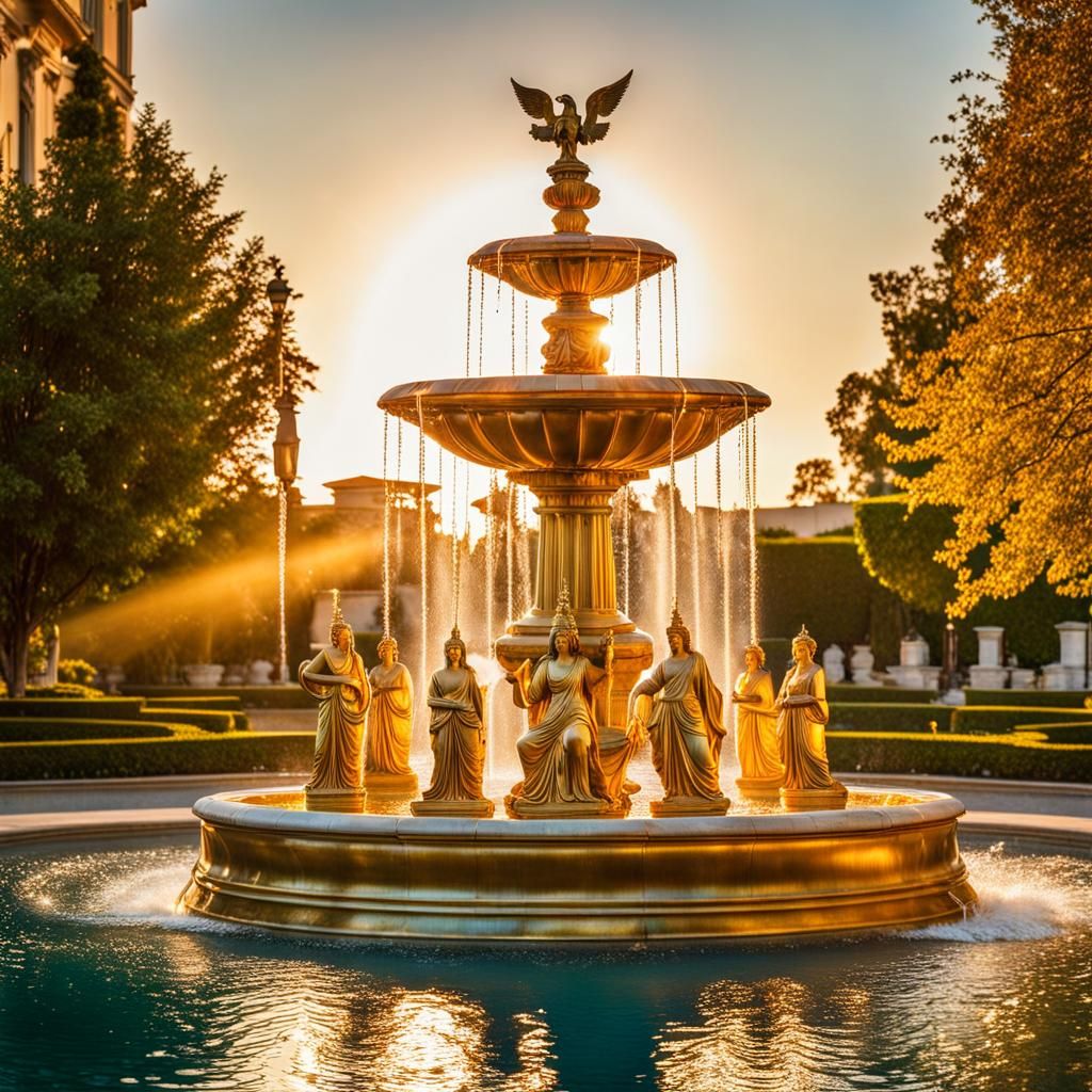 Golden Greek Goddess Fountain in Golden Hour
