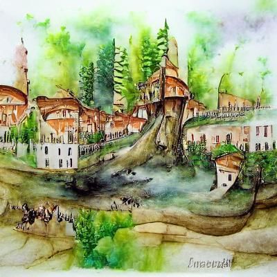 Watercolor Painting of Renaissance Town in Forest