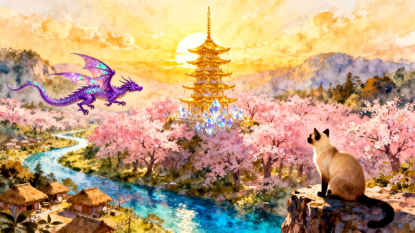 Golden Crystal Pagoda in Sakura Forest at Sunrise