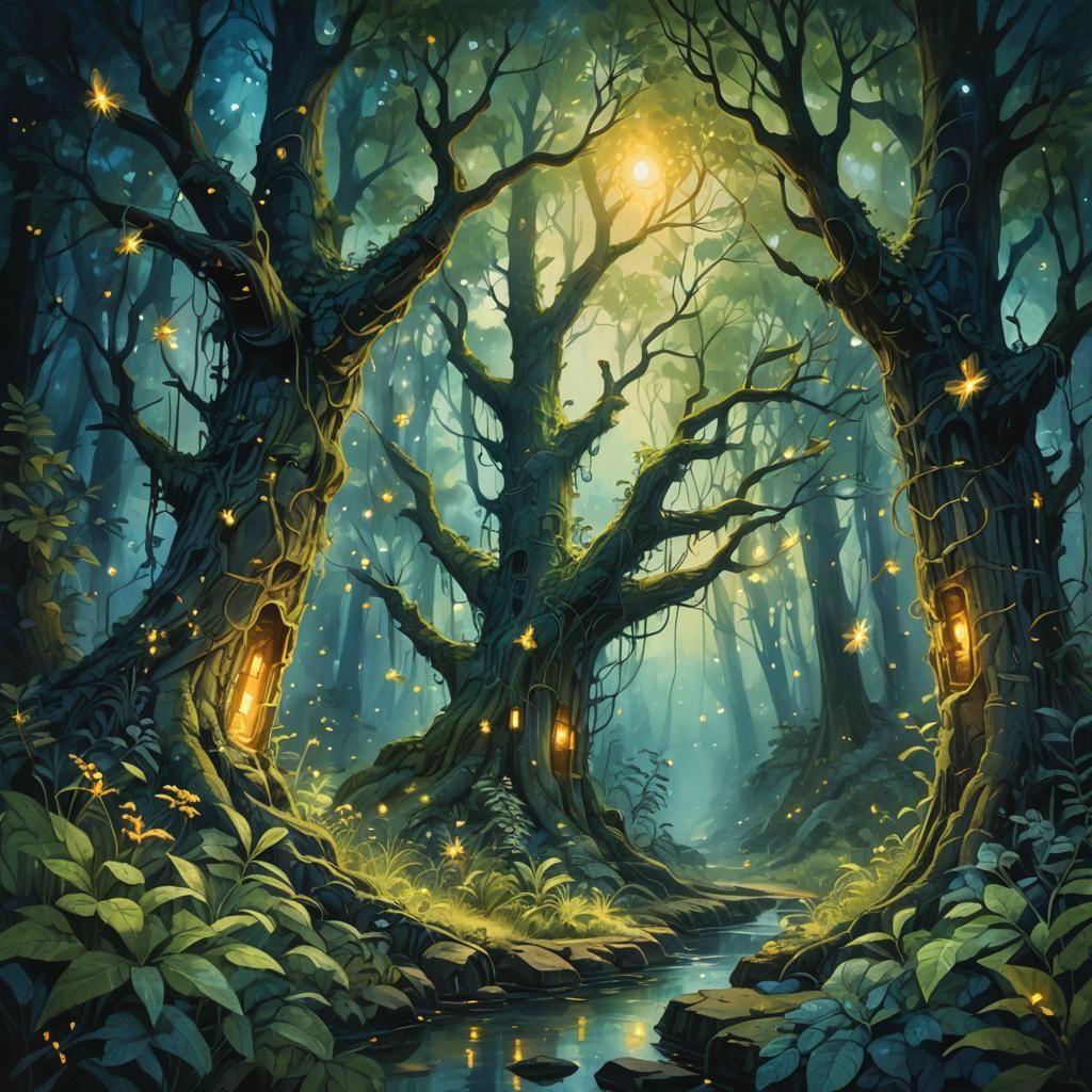 Mystical Forest Scene in Gouache Watercolors