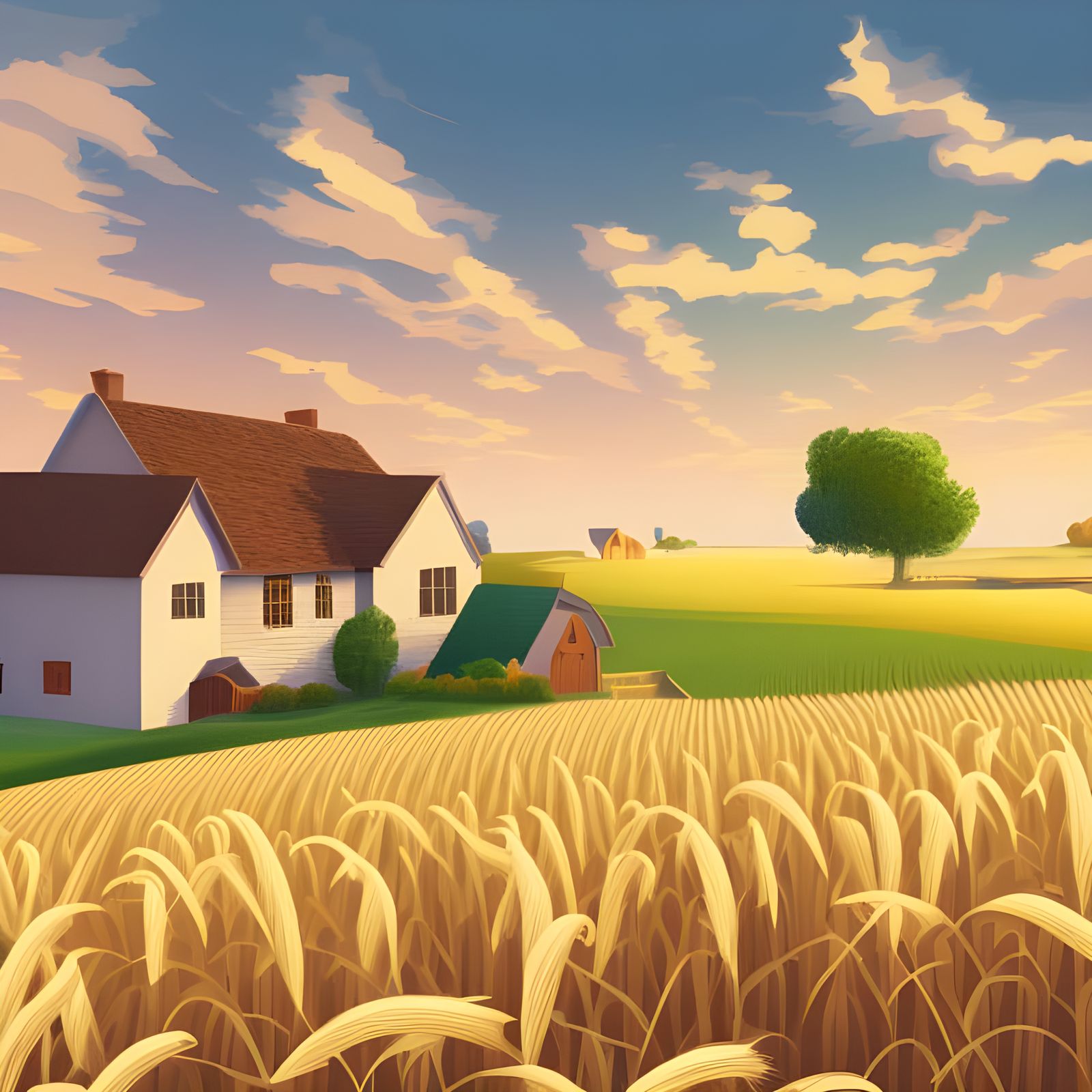 Enchanting Farmhouse in Grain Field Digital Illustration