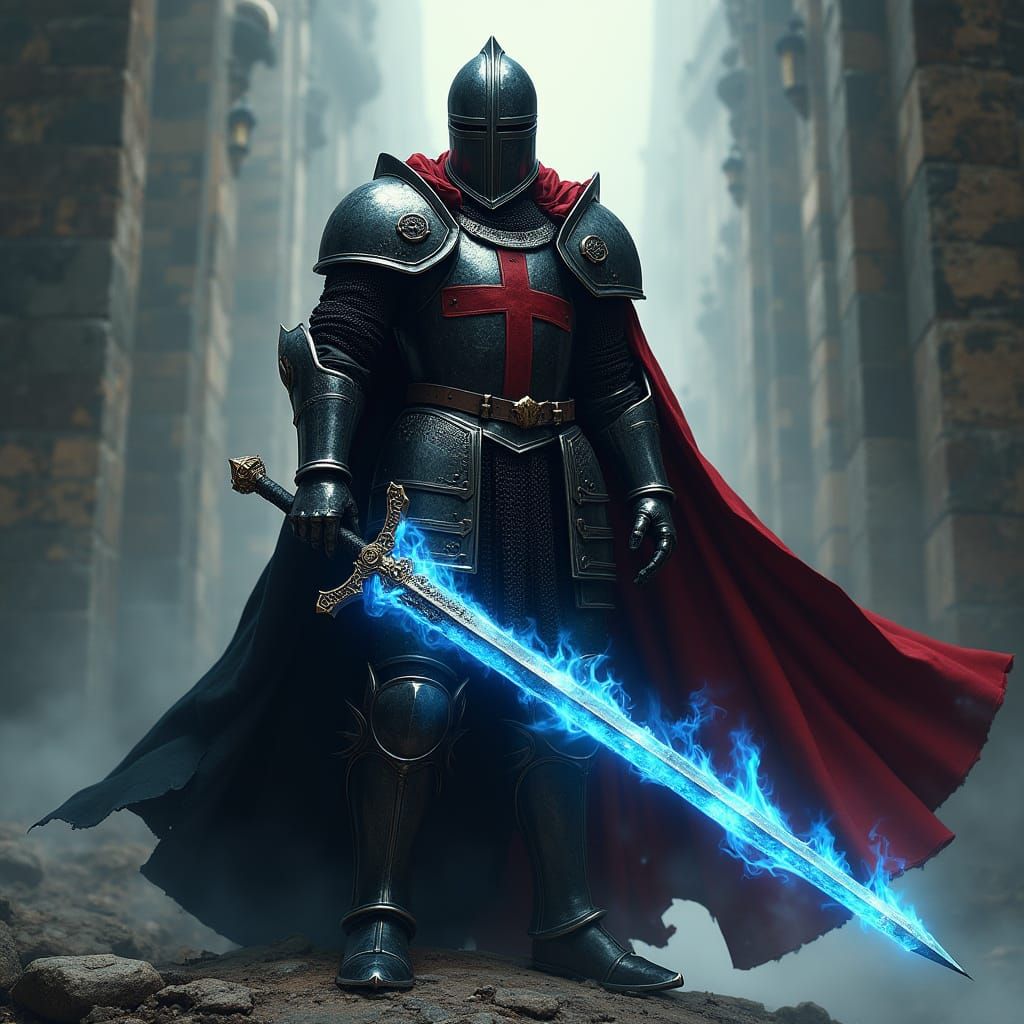 Majestic Templar Knight in Black Armor with Blue Flame Sword