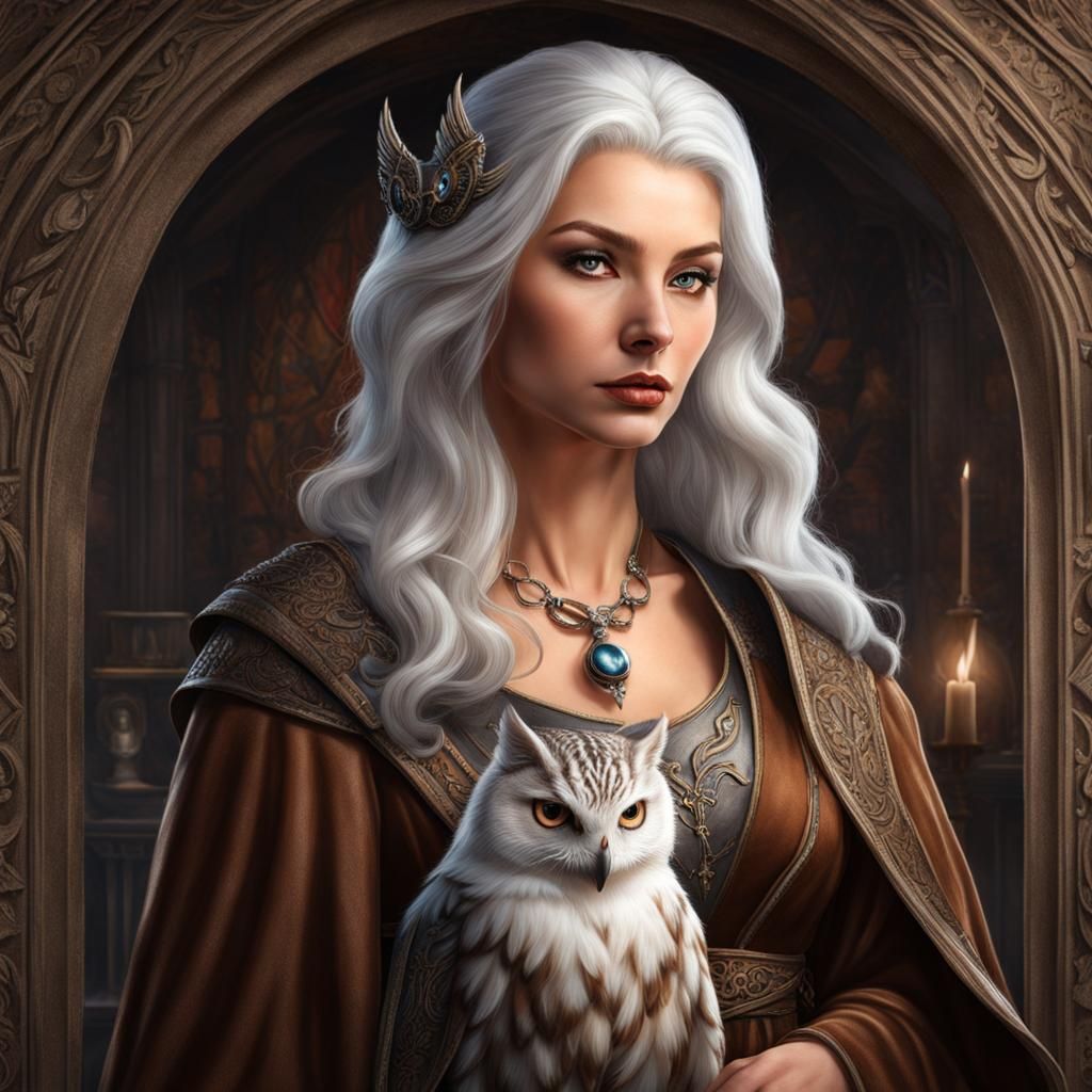 Sorceress and Owl Portrait in Hyperrealism
