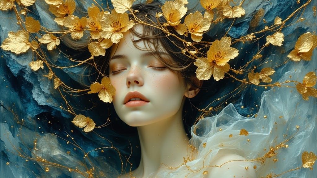 Ethereal Woman Portrait with Golden Botanicals