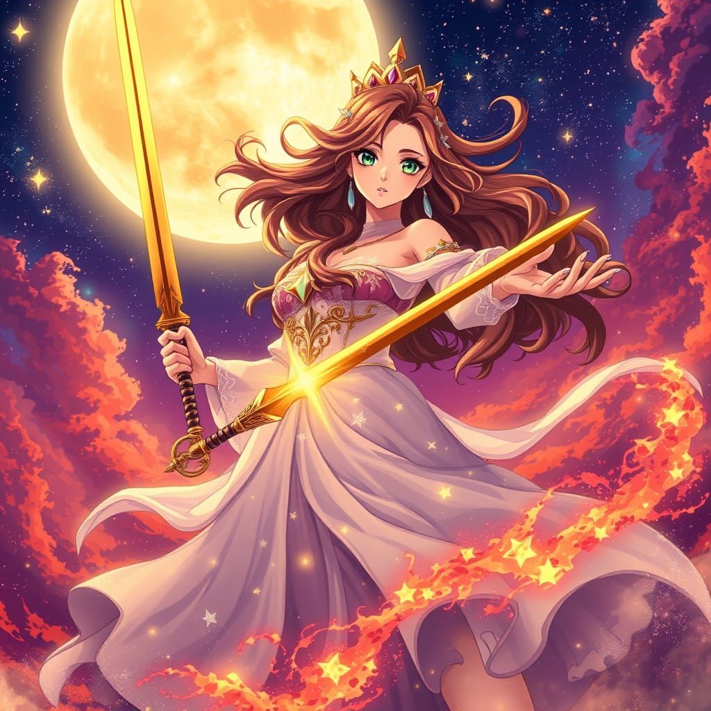 Moonlight Princess Wields Golden Key Sword Amidst Celestial ...