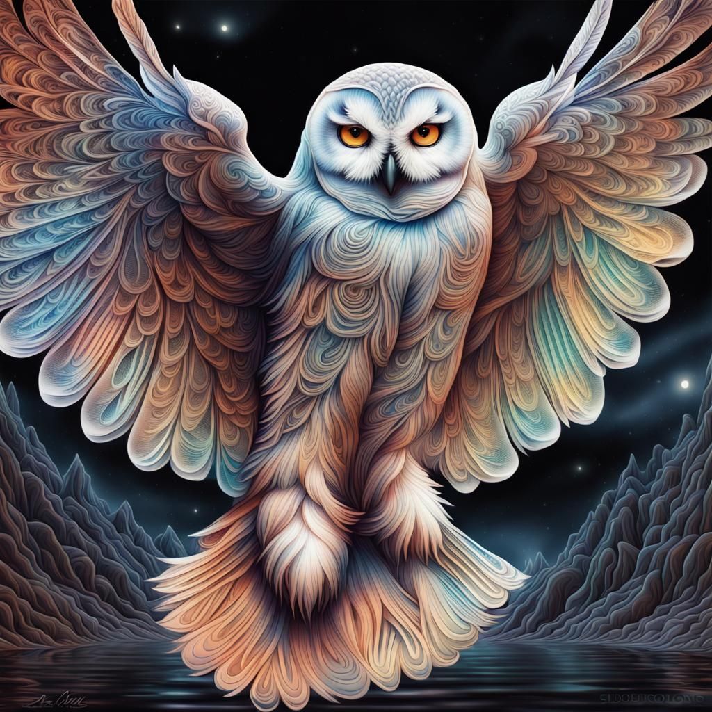 Snow Owl Over Molten River in X-Ray Art