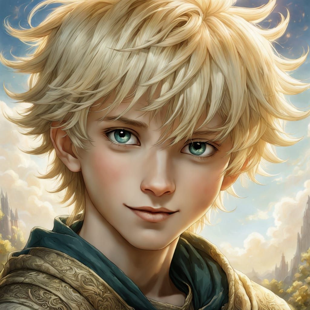 Cheerful Blond Boy in Anime Style, Arthur Rackham Inspired