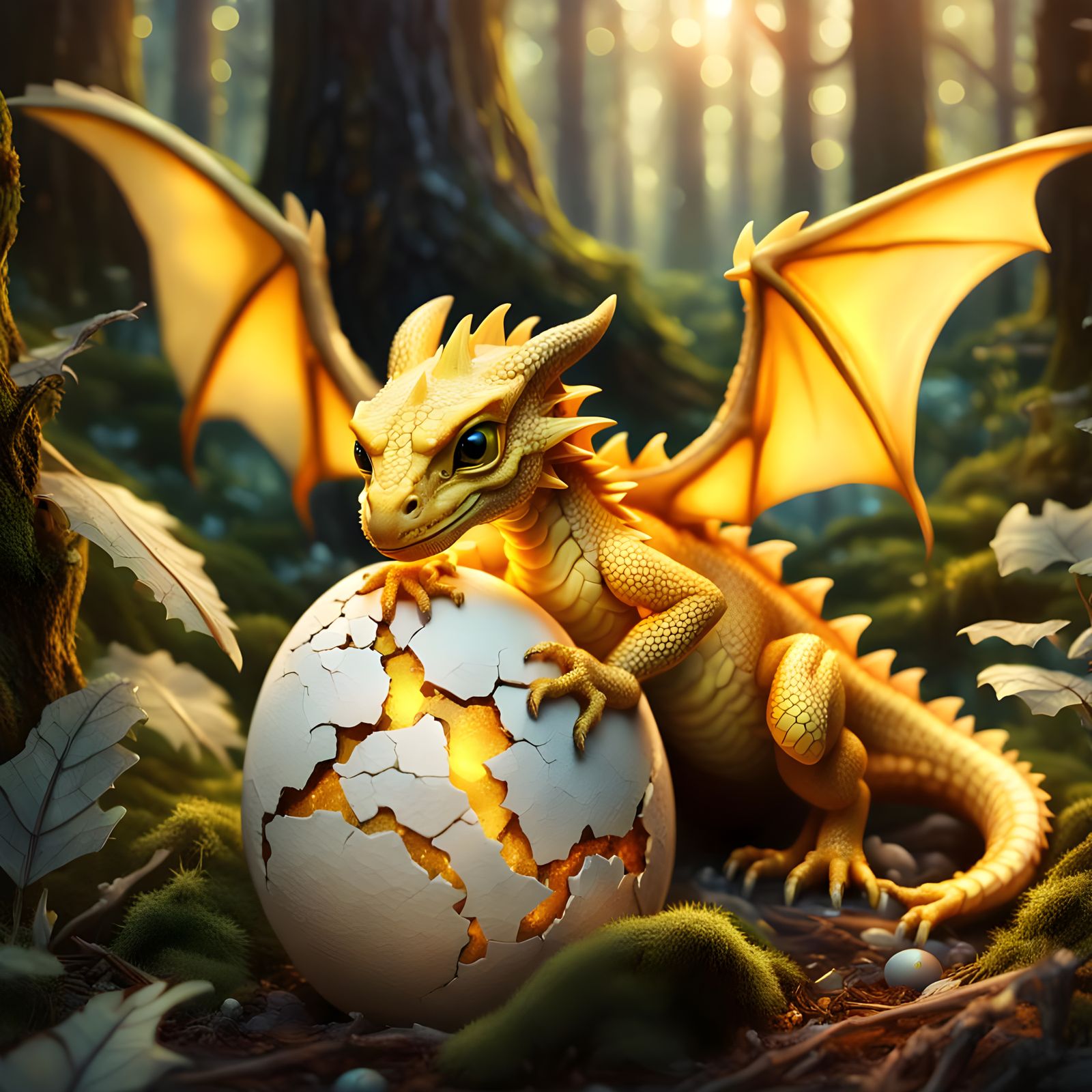 Hyperrealistic Dragon Hatches in Mystical Forest