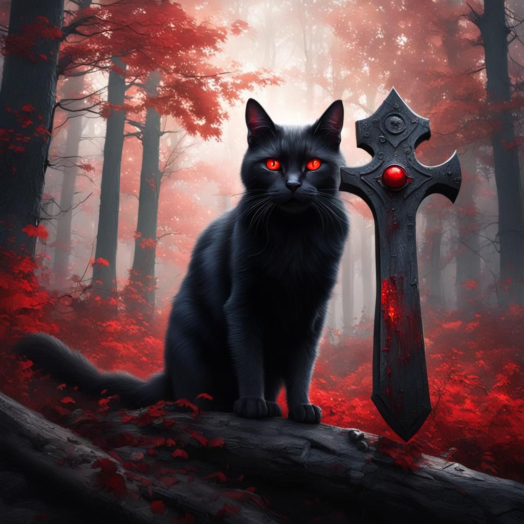 Scary Black Cat with Hatchet: Fantasy Art