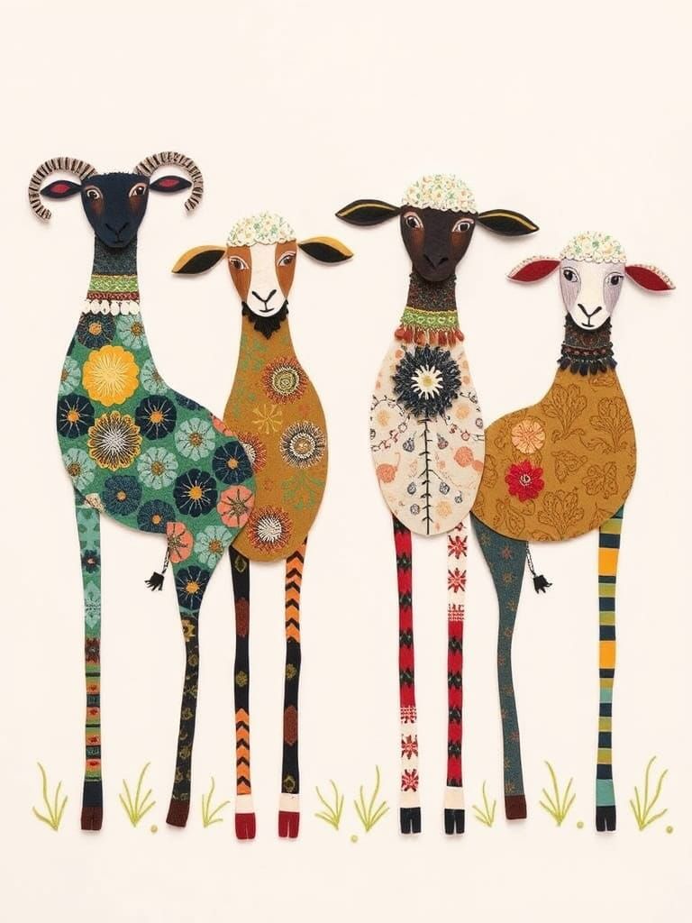 Whimsical Abstract Sheep in Collage Style