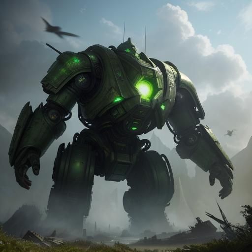 Verdant Crusher: Eco Robot in Ruined Cityscape