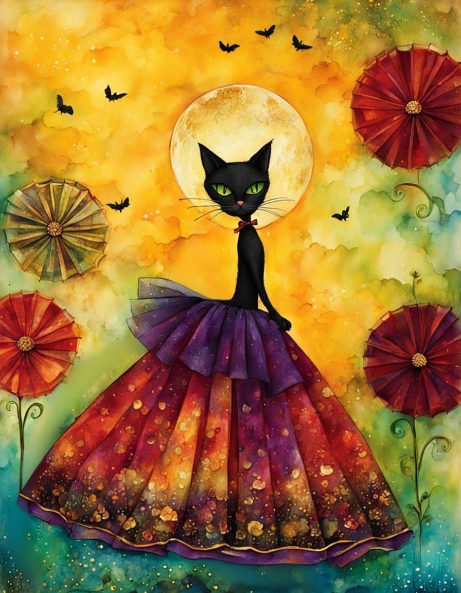 Black Cat in Flamenco Costume, Halloween Colors