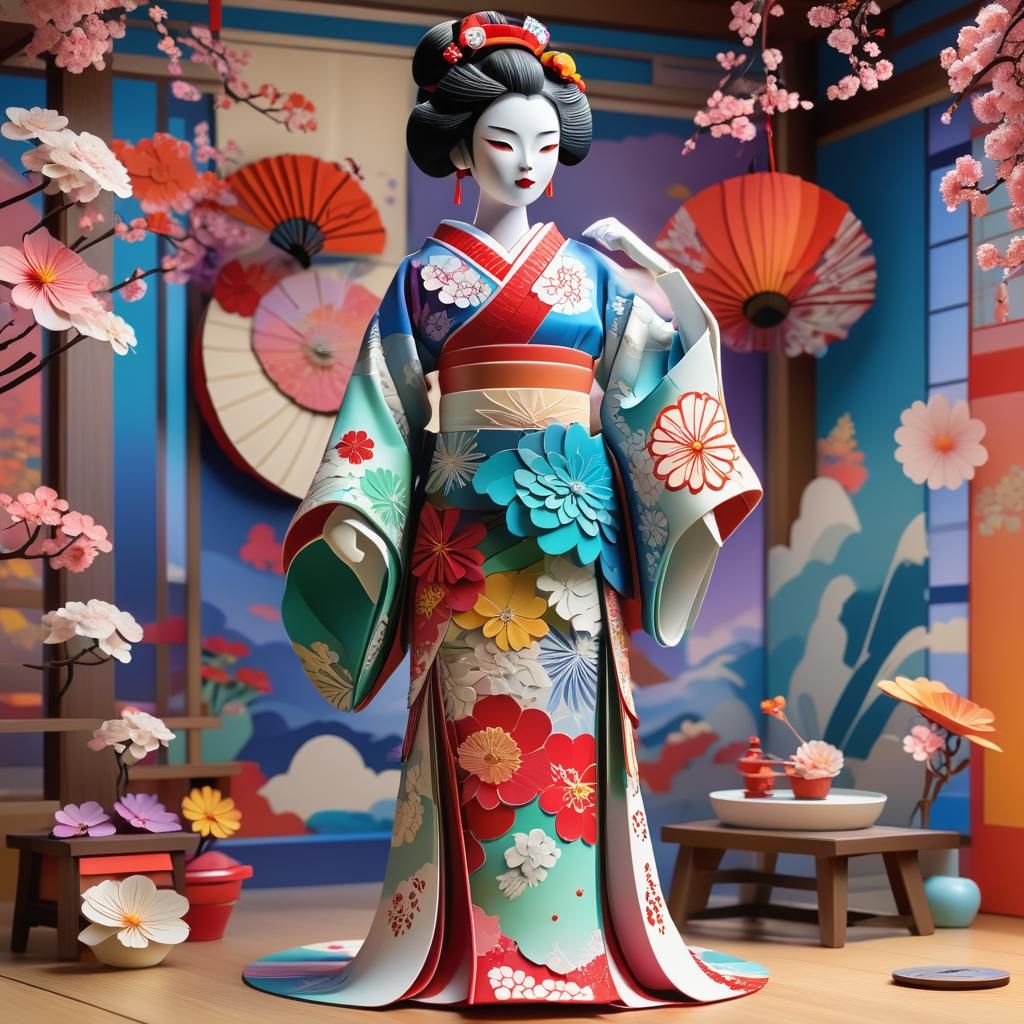 Kirigami Geisha in Vibrant Diorama