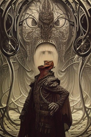 Menacing Punk Lizard Man in Art Nouveau Style