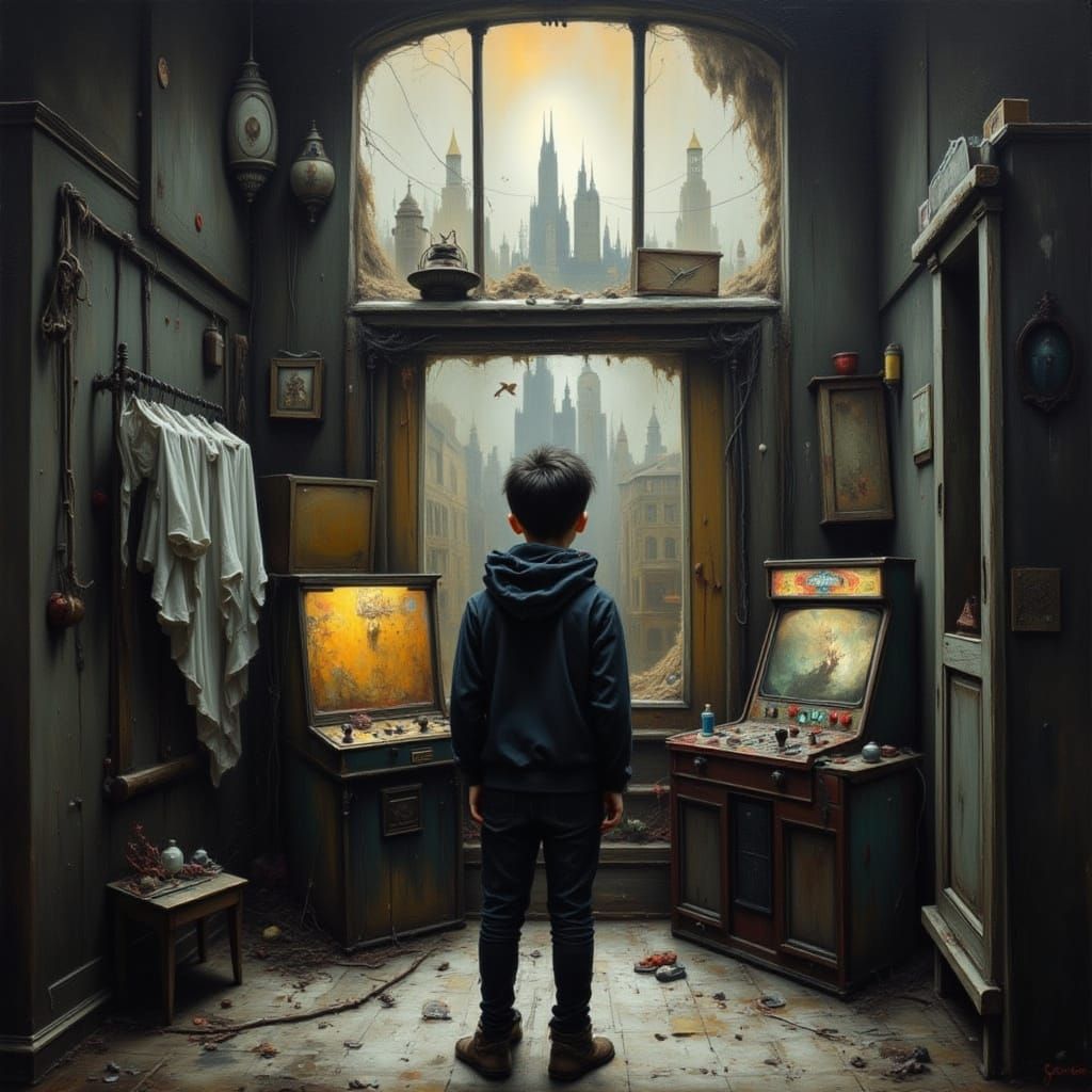 Boy Before Glowing Arcade in Dystopian City