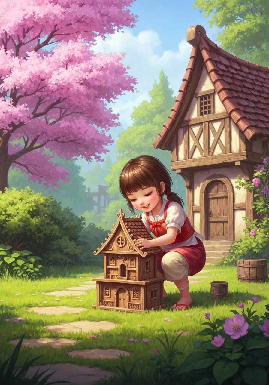 Asian Peasant Girl Plays in Fantasy Garden