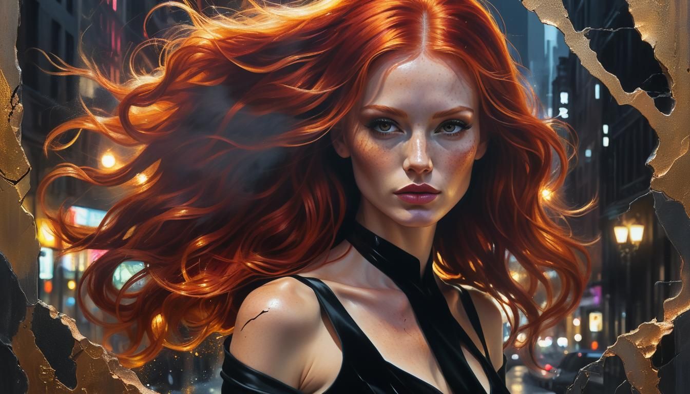 Redhead Woman in Neon Cityscape: Hyper-Realistic Digital Art
