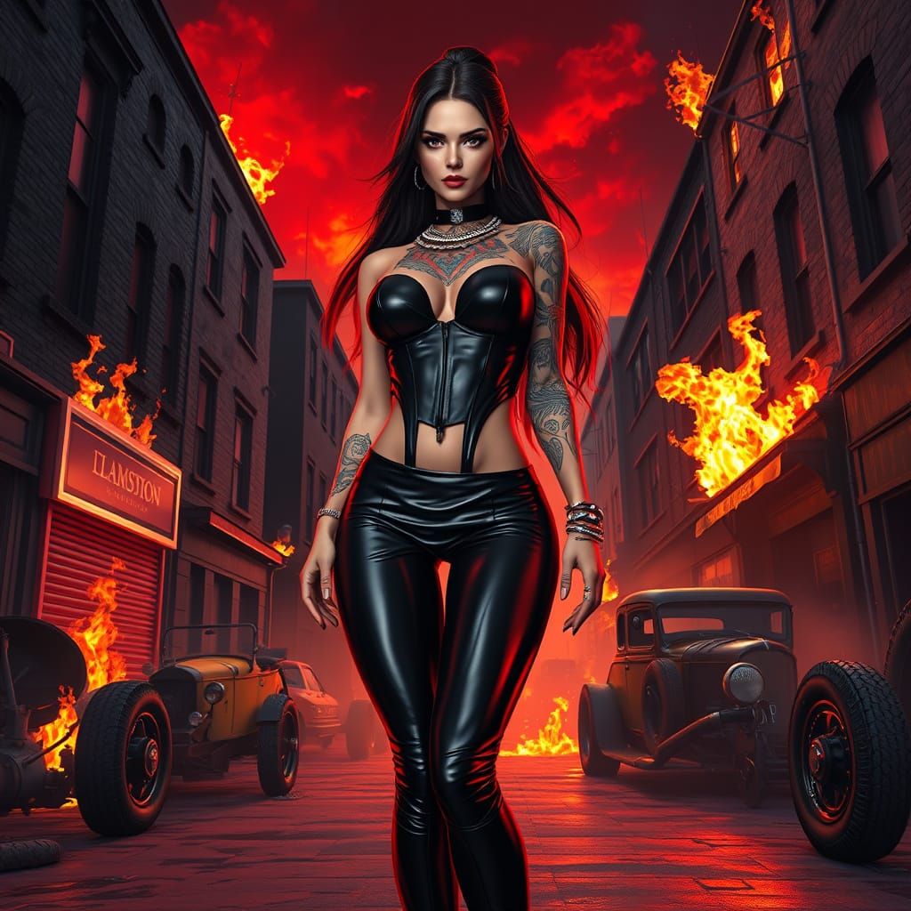 Sleek Domineering Woman in Flames