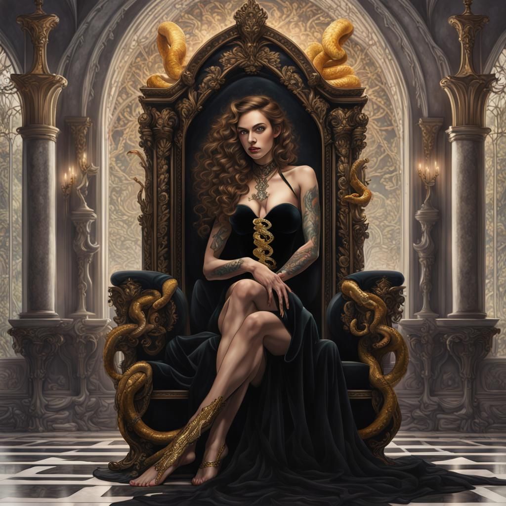 Girl on Throne with Snake Tattoo, Dark Fantasy Art