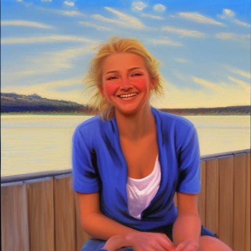 Blond Woman on Dock in Oil Painting Style